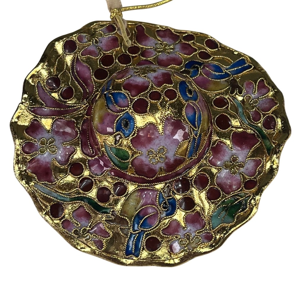 Cloisonne Enamel Sun Hat Ornament Pink Floral Blue Bird Gold Tone Scalloped Edge